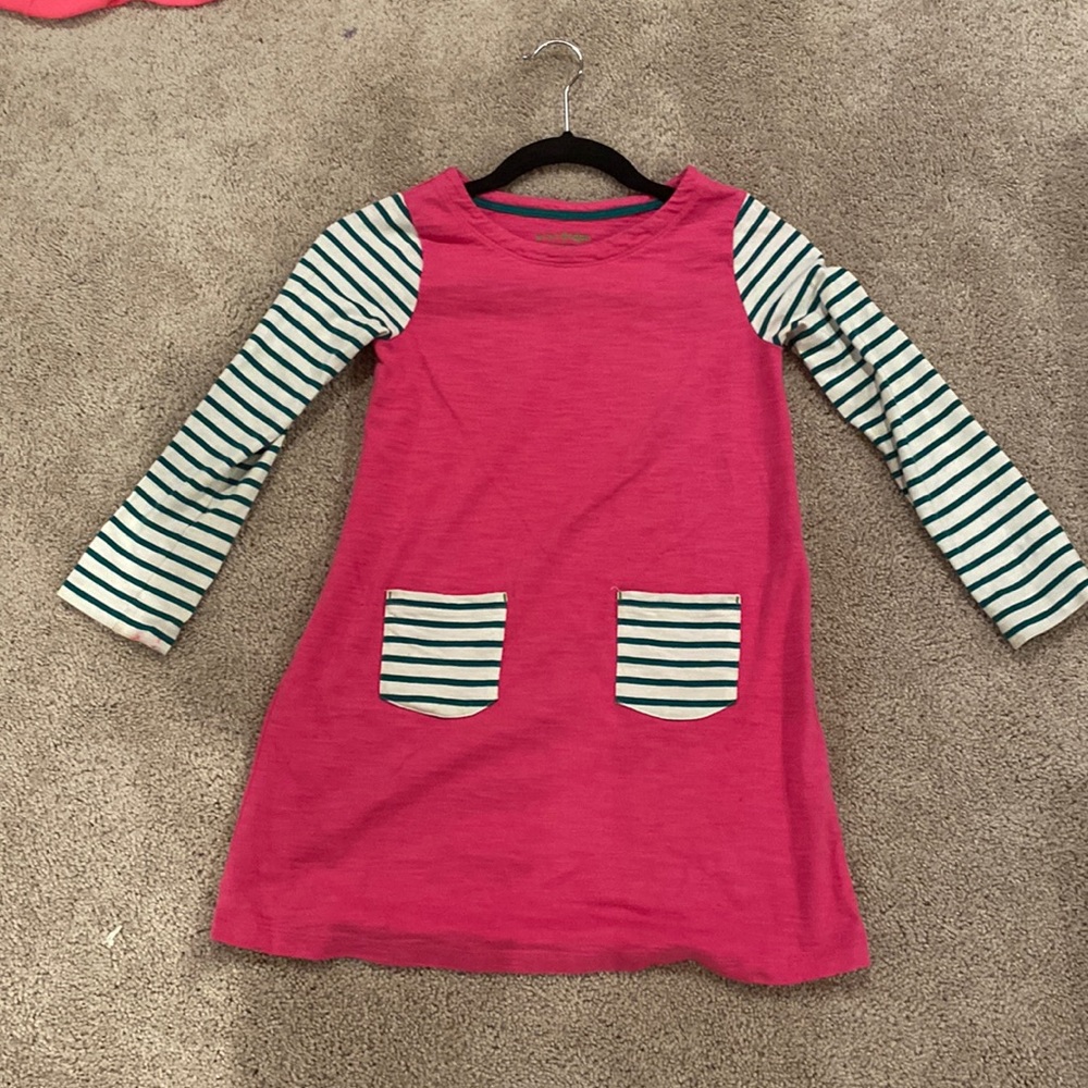 Mini Boden dress. Pink with green and white sleeves. Great condition.